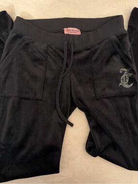 Juicy Couture Black Velour Lounge Pants with Rhinestone JC Monogram